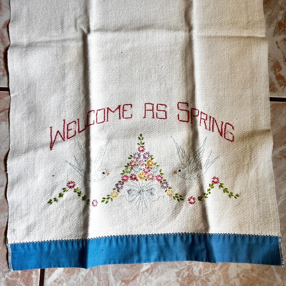 Vintage Boott Mills Embroidered Tea Towel Welcome As Spring Birds Flowers USA